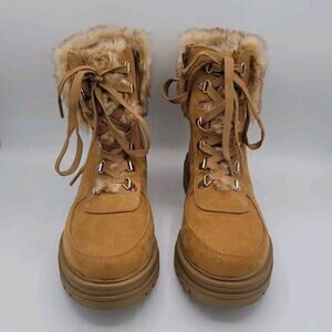 Crown & Ivy Inca Hiking Boots Cognac Brown Faux Fur Suede Women's Size 8